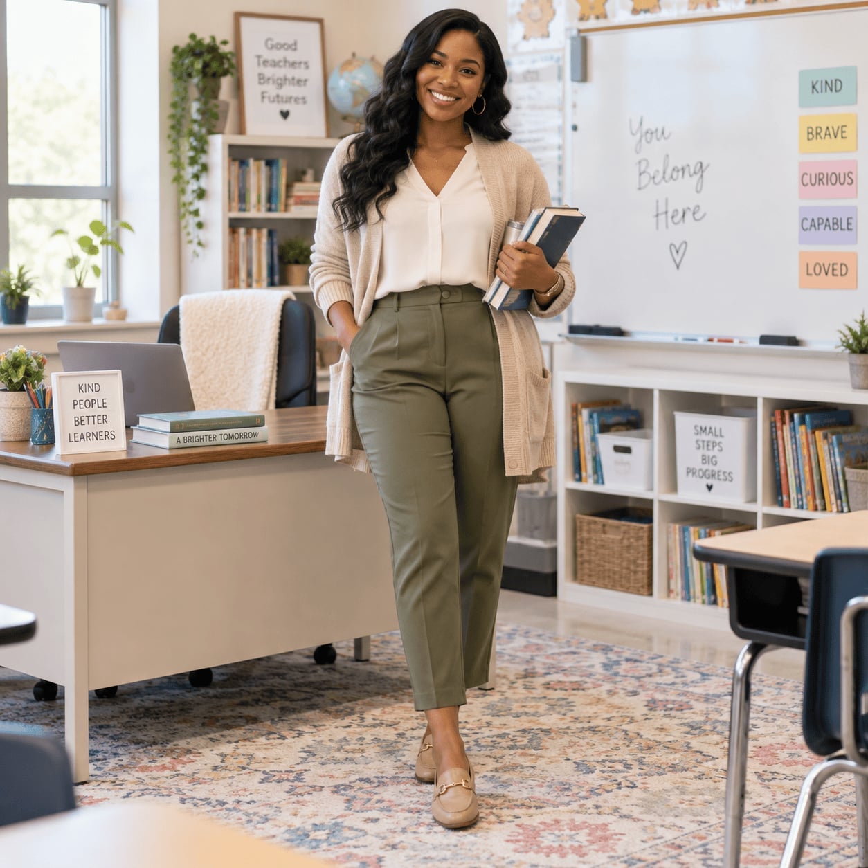 Olive Green Trousers and Ivory Blouse for a Smart Casual Look Olive Green Trousers and Ivory Blouse for a Smart Casual Look — Classy High School Outfits