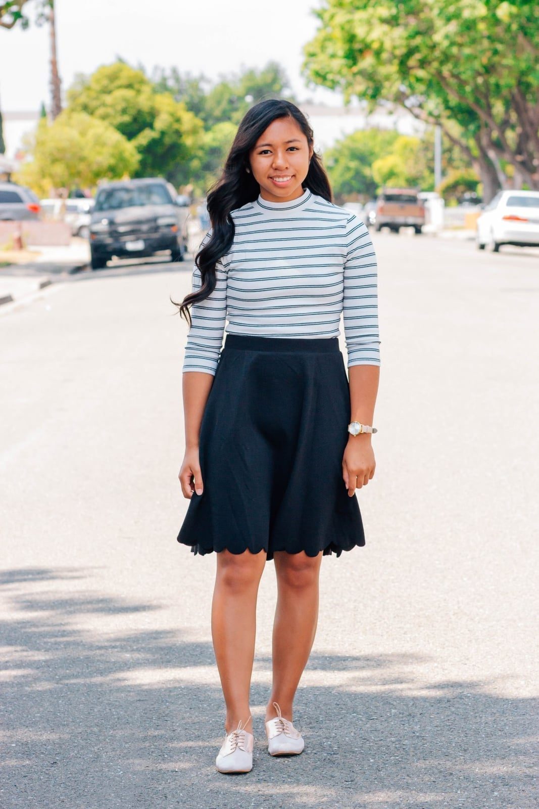 Striped Mock Neck Top and Scalloped Skirt for Casual Wear Classy High School Outfits