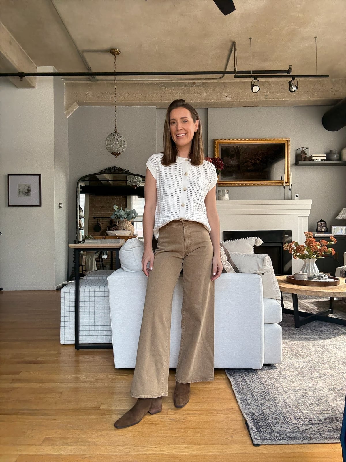 Tan Corduroy Trousers and White Knit Top for a Casual Vibe Tan Corduroy Trousers and White Knit Top for a Casual Vibe — Classy High School Outfits