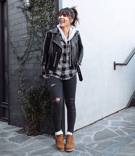 Leather Jacket Layered Over Plaid Shirt and Hoodie Leather Jacket Layered Over Plaid Shirt and Hoodie — Classy High School Outfits