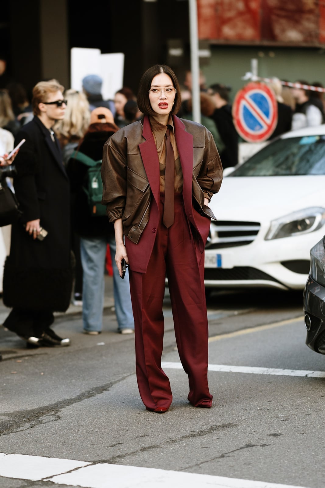 Layered Burgundy Suit and Leather Jacket for a Sophisticated Look Layered Burgundy Suit and Leather Jacket for a Sophisticated Look — Classy High School Outfits