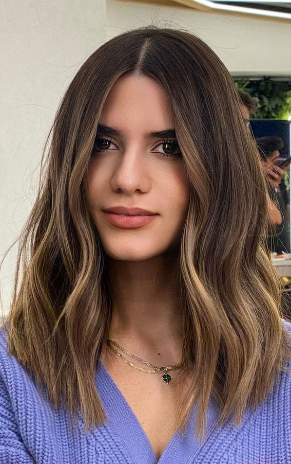Collarbone Lob With Dimensional Caramel and Wavy Blowout — Classy Highlights on Brown Hair