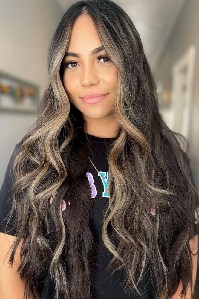 Mid-Back Dark Brown With Prominent Caramel, Wavy — Classy Highlights on Brown Hair