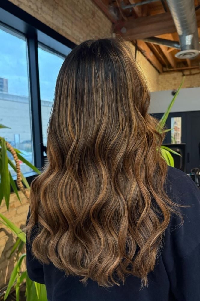 Mid-Back Dark Brown With Caramel-Toned Highlights, Layers — Classy Highlights on Brown Hair