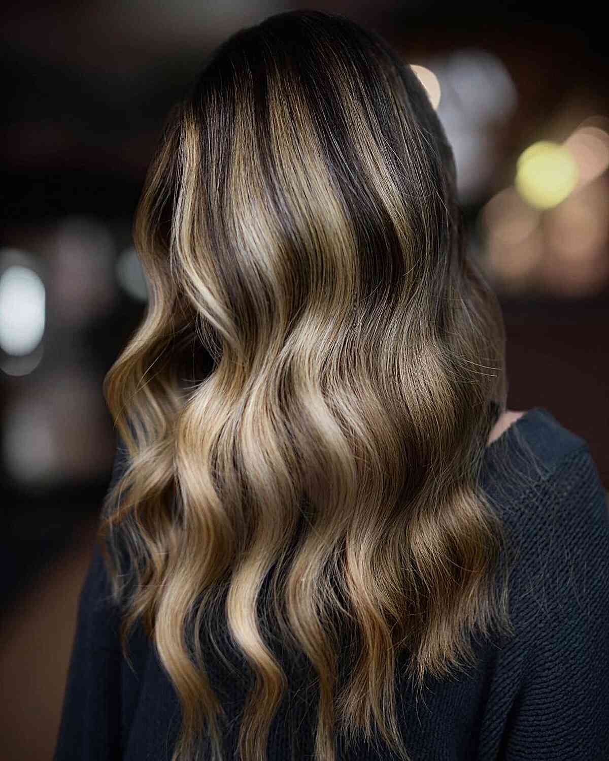 Mid-Back Waves With Subtle Caramel Highlights — Classy Highlights on Dark Brown