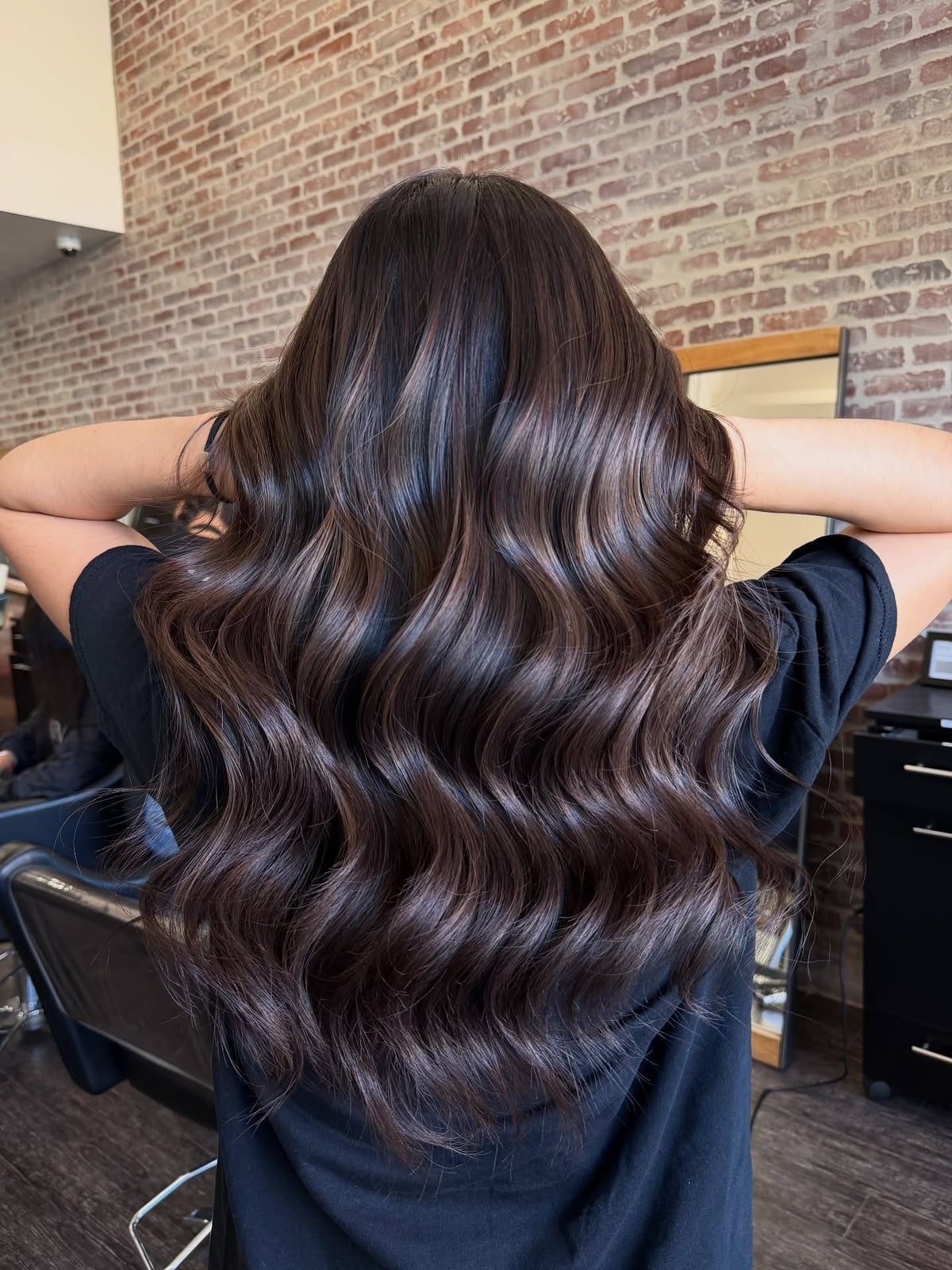 Back View Mid-Back Waves With Blonde Highlights, Wavy — Classy Highlights on Dark Brown