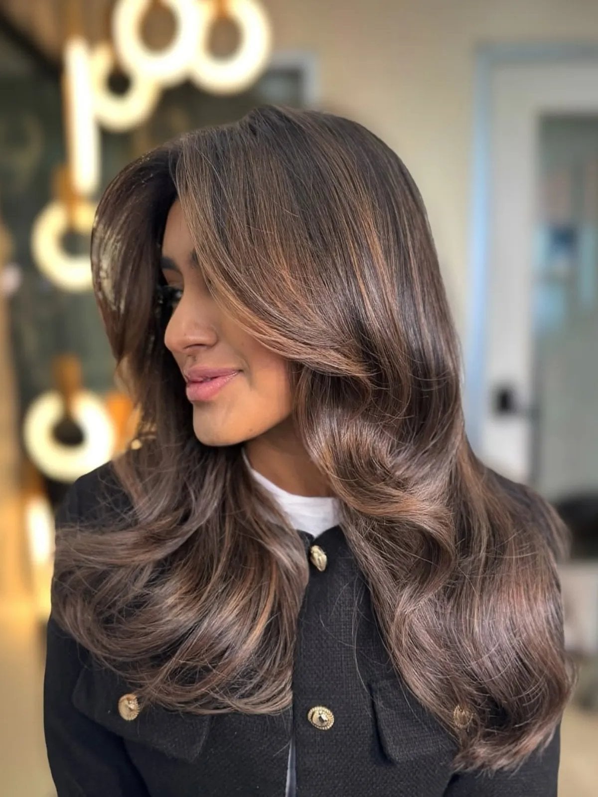 Collarbone Waves With Rich Chocolate Brown Base — Classy Highlights on Dark Brown