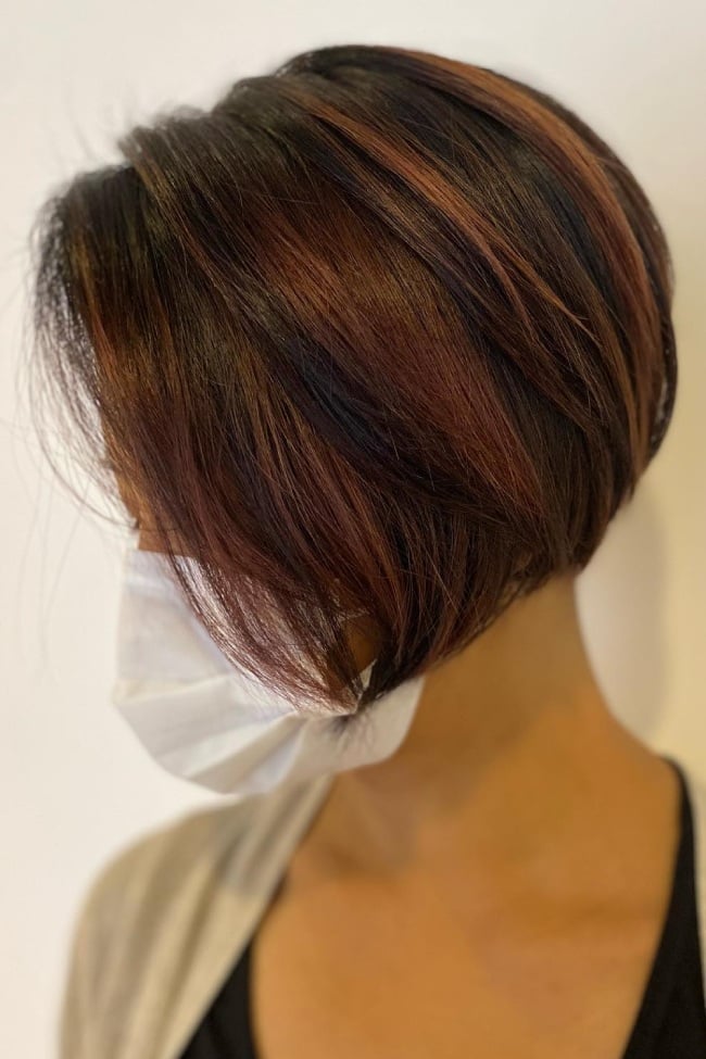 Short Bob With Subtle Copper Highlights — Classy Highlights on Dark Brown