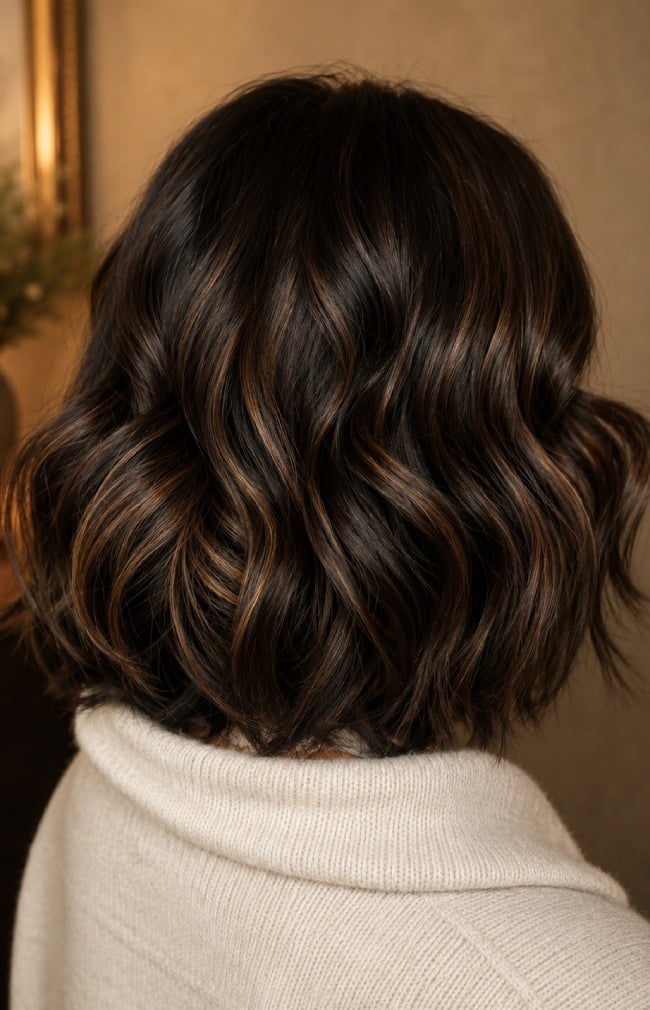 Chin Length Bob With Caramel Highlights — Classy Highlights on Dark Brown