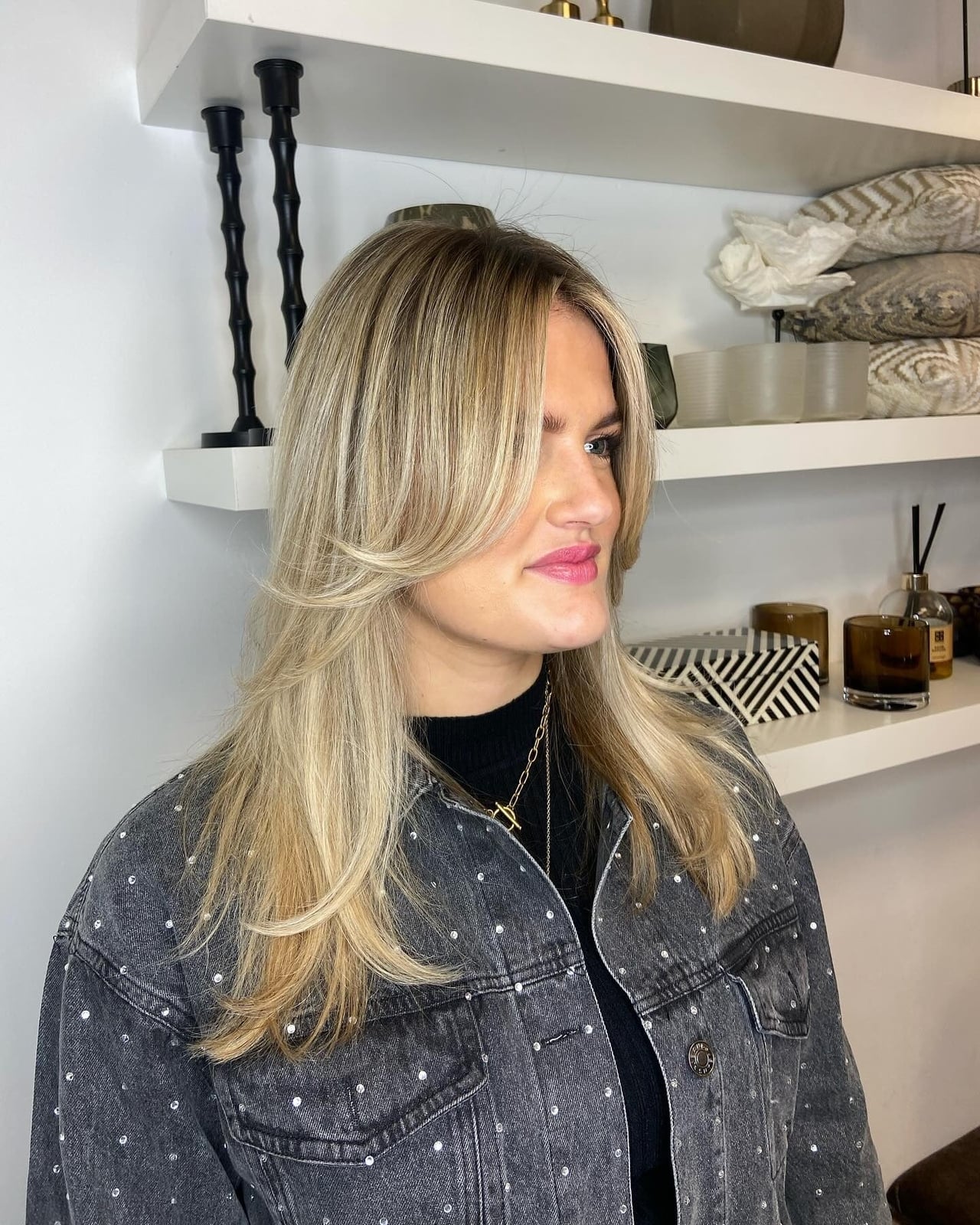Mid-Back Honey Blonde With Balayage and Curtain Bangs — Classy Honey Hair