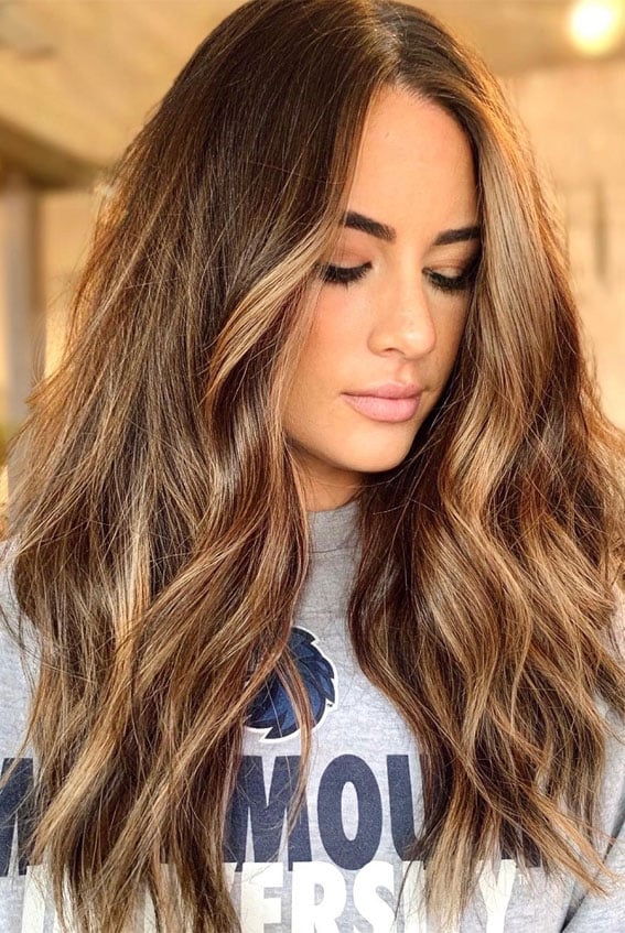 Mid-Back Medium Brown With Honey Highlights, Side — Classy Honey Hair
