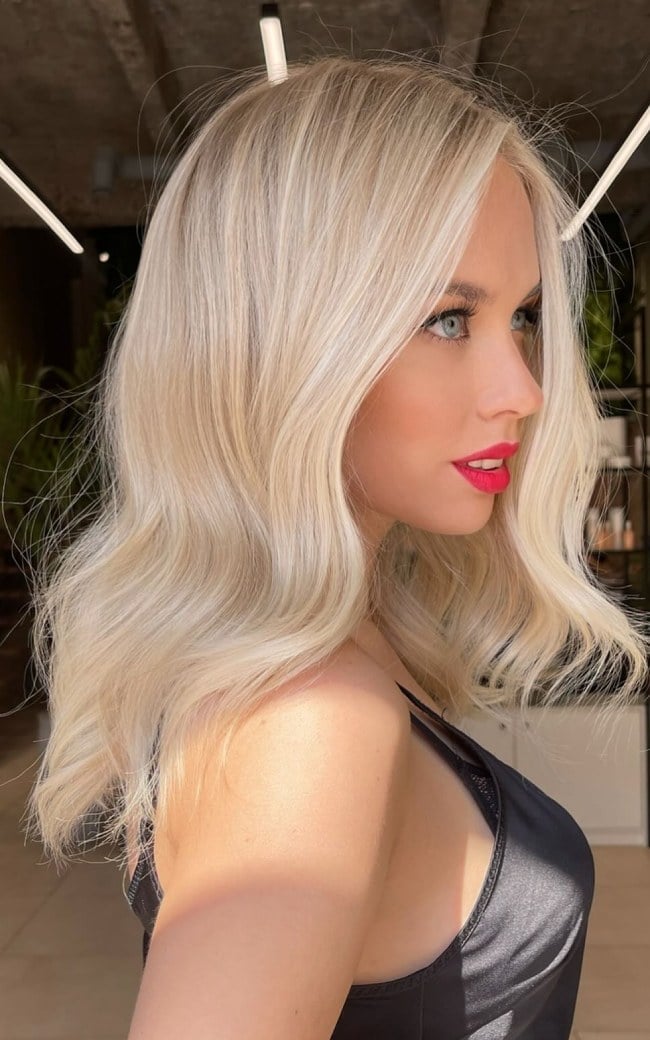 Collarbone Icy Platinum Waves Side Part — Classy Icy Blonde Hair