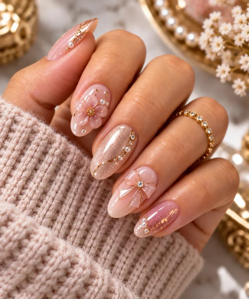 Nude Pink 3D Flower Pearl Bow Nails Nude Pink 3D Flower Pearl Bow Nails — Classy Iridescent Nails