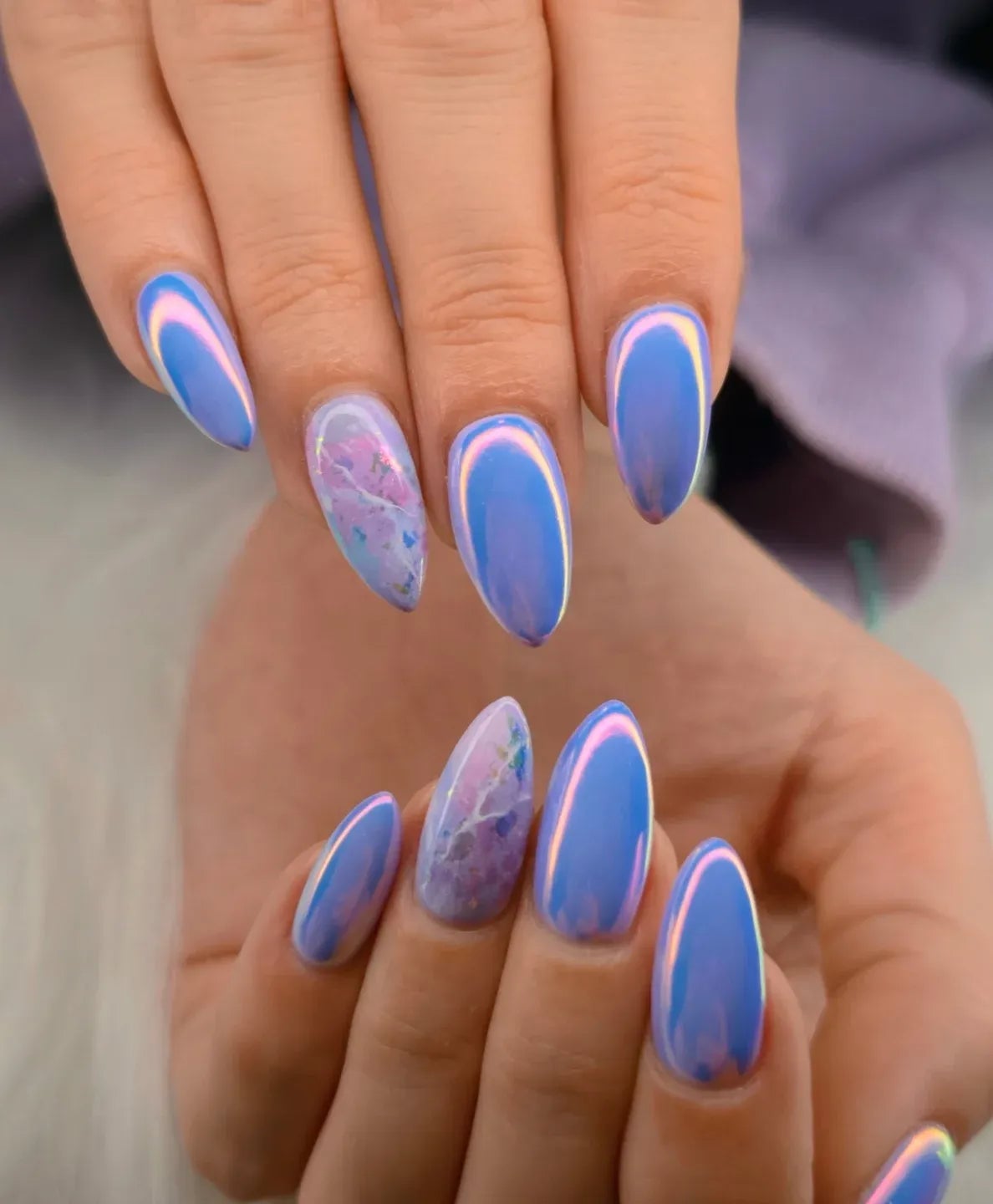 Blue Iridescent Chrome Marbled Almond Nails Blue Iridescent Chrome Marbled Almond Nails — Classy Iridescent Nails