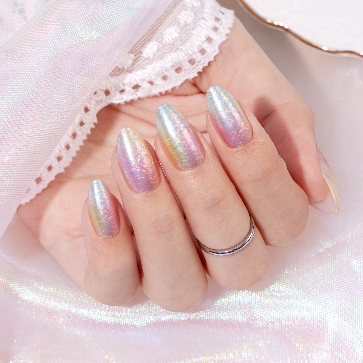 Milky White Pastel Iridescent Almond Nails Milky White Pastel Iridescent Almond Nails — Classy Iridescent Nails