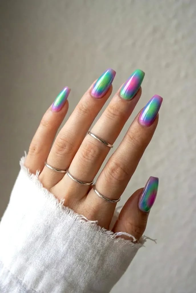 Long Coffin Iridescent Chrome Gradient Nails Long Coffin Iridescent Chrome Gradient Nails — Classy Iridescent Nails