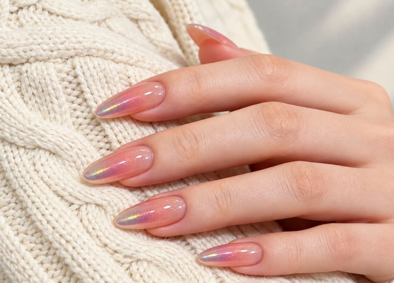Jelly Iridescent Pink Gold Blue Oval Nails, Close-Up Take Jelly Iridescent Pink Gold Blue Oval Nails, Close-Up Take — Classy Iridescent Nails