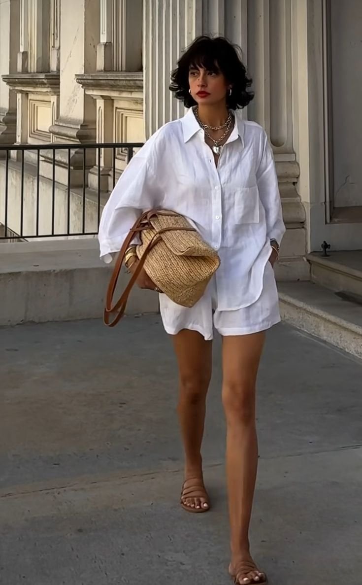 White Oversized Linen Shirt with Matching Shorts White Oversized Linen Shirt with Matching Shorts — Classy Italian Style