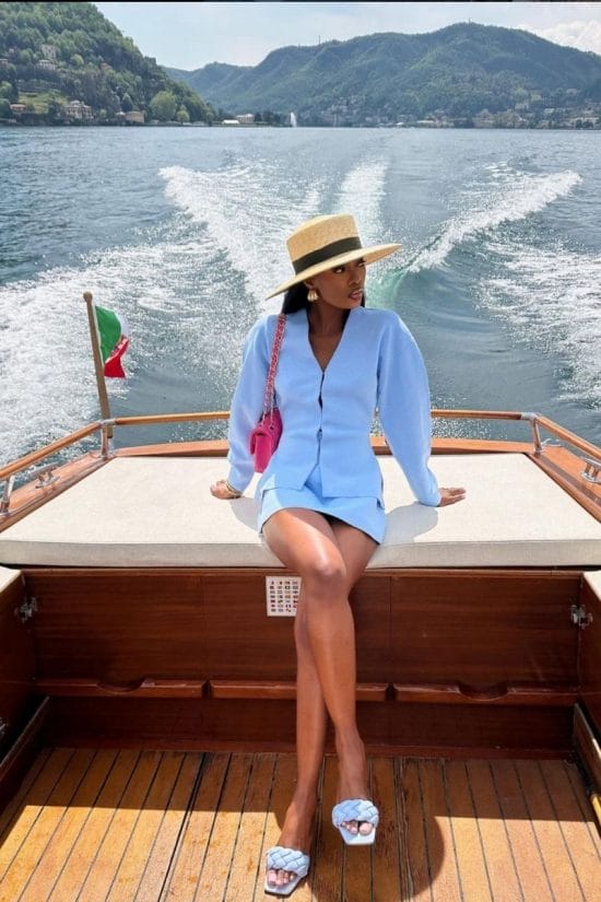 Light Blue Linen Blend Matching Set with Straw Boater Hat Light Blue Linen Blend Matching Set with Straw Boater Hat — Classy Italian Style