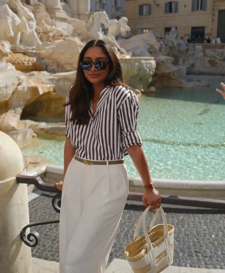 White Striped Button-Down Shirt with White Wide-Leg Trousers White Striped Button-Down Shirt with White Wide-Leg Trousers — Classy Italian Style