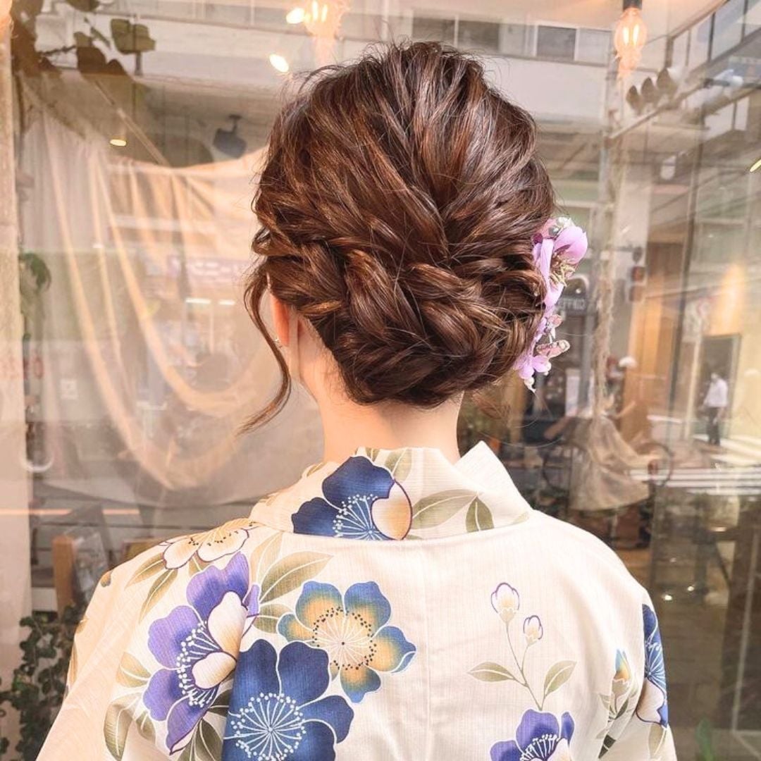 Braided Updo With Purple Flowers And Pearls — Classy Japan Hairstyles