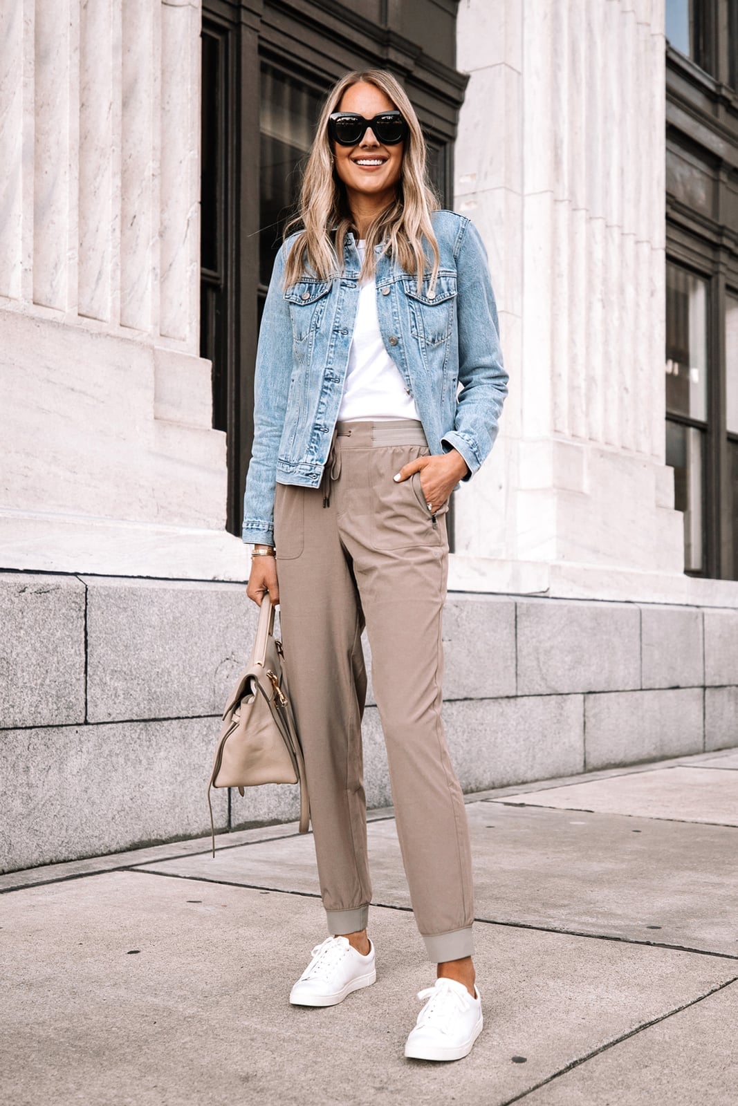 Taupe Cuffed Joggers With Denim Jacket — Classy Joggers Outfits