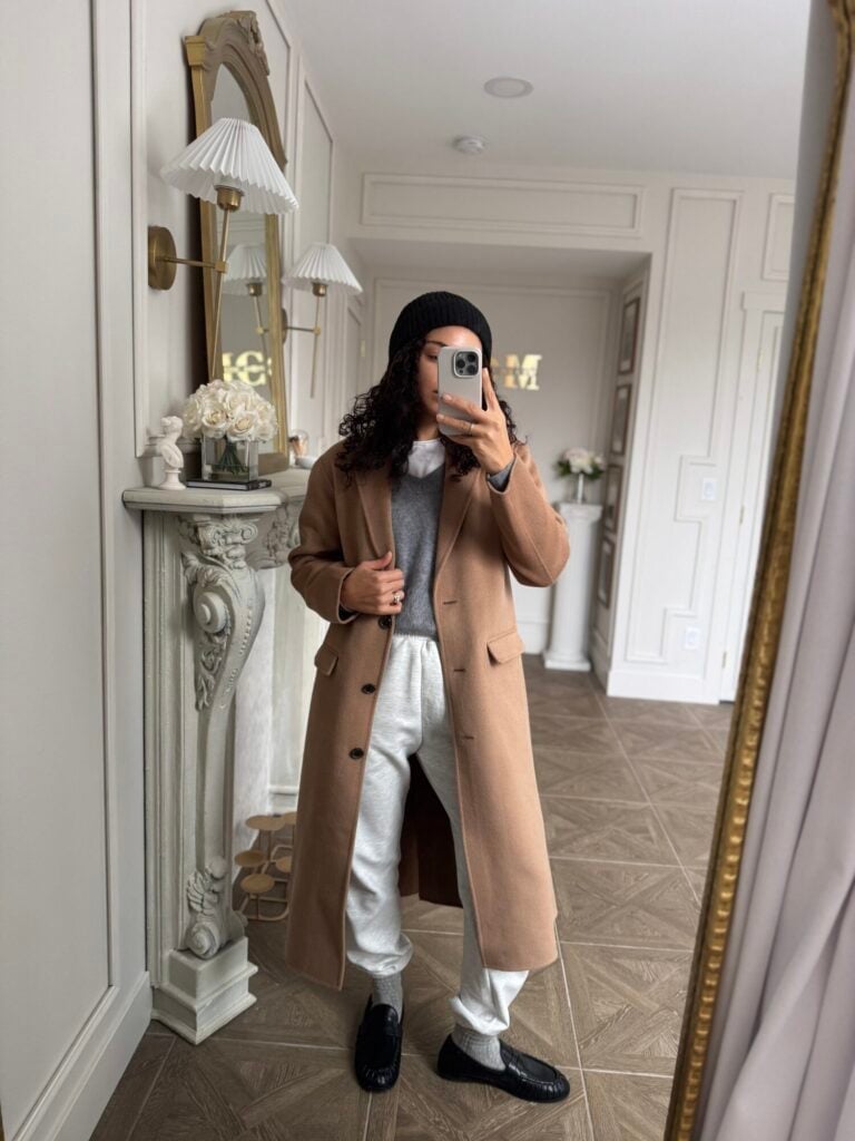 Grey Knit Joggers With Camel Wool Coat — Classy Joggers Outfits