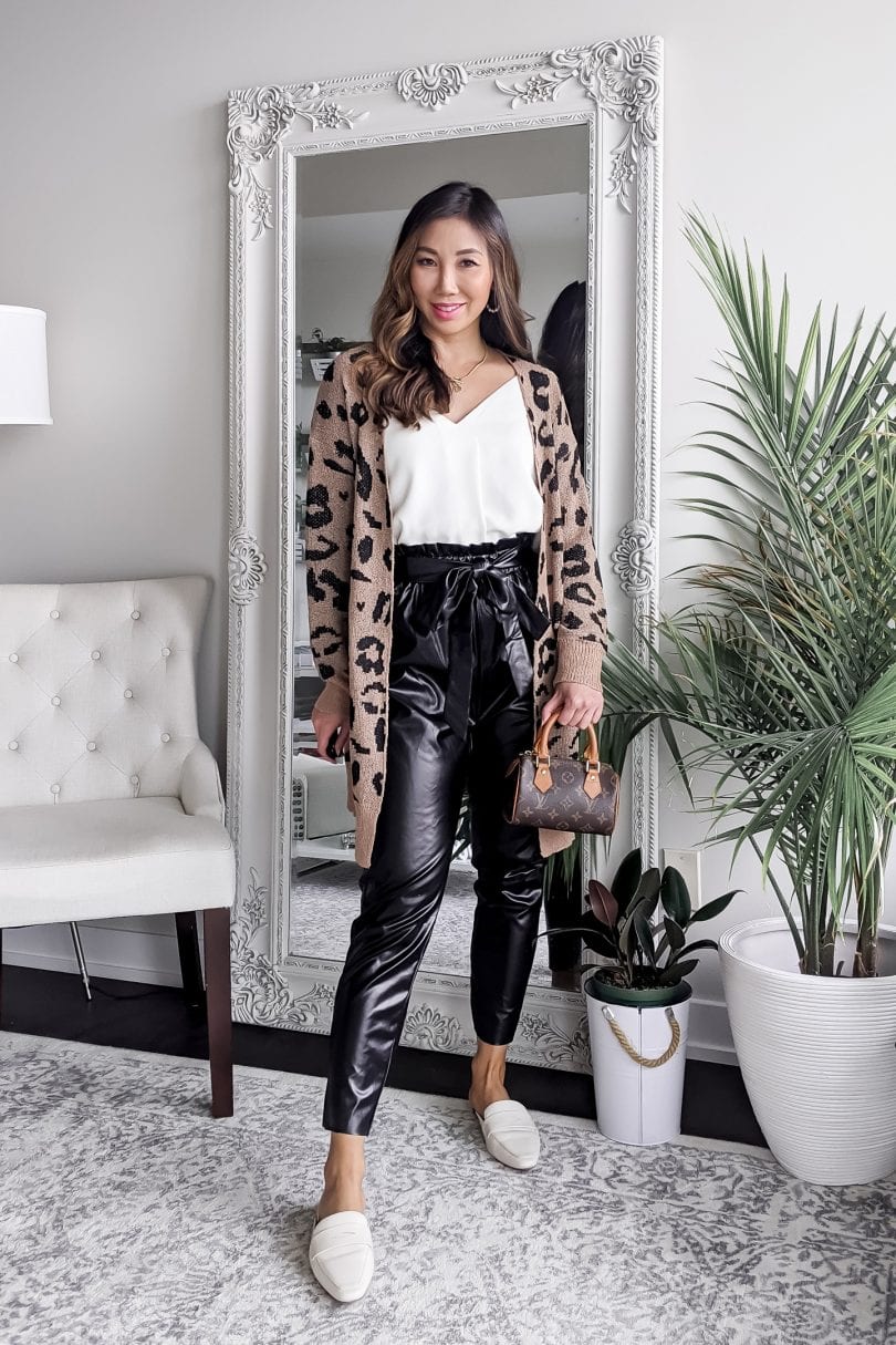 Leather Joggers With Leopard Print Cardigan — Classy Joggers Outfits