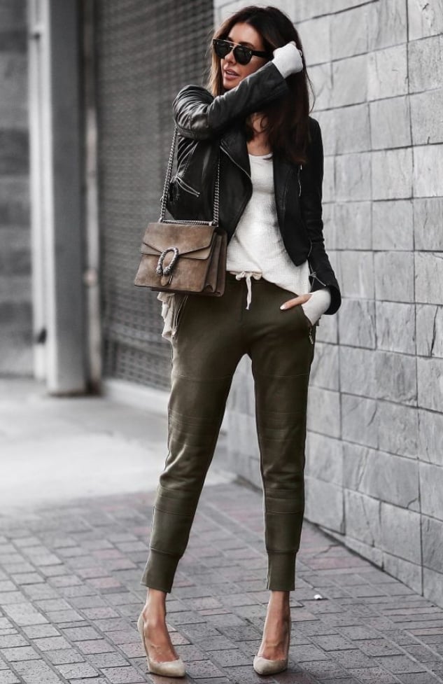 Olive Green Joggers With Leather Jacket — Classy Joggers Outfits