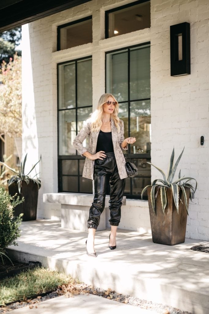 Faux Leather Joggers With Sequined Blazer — Classy Joggers Outfits