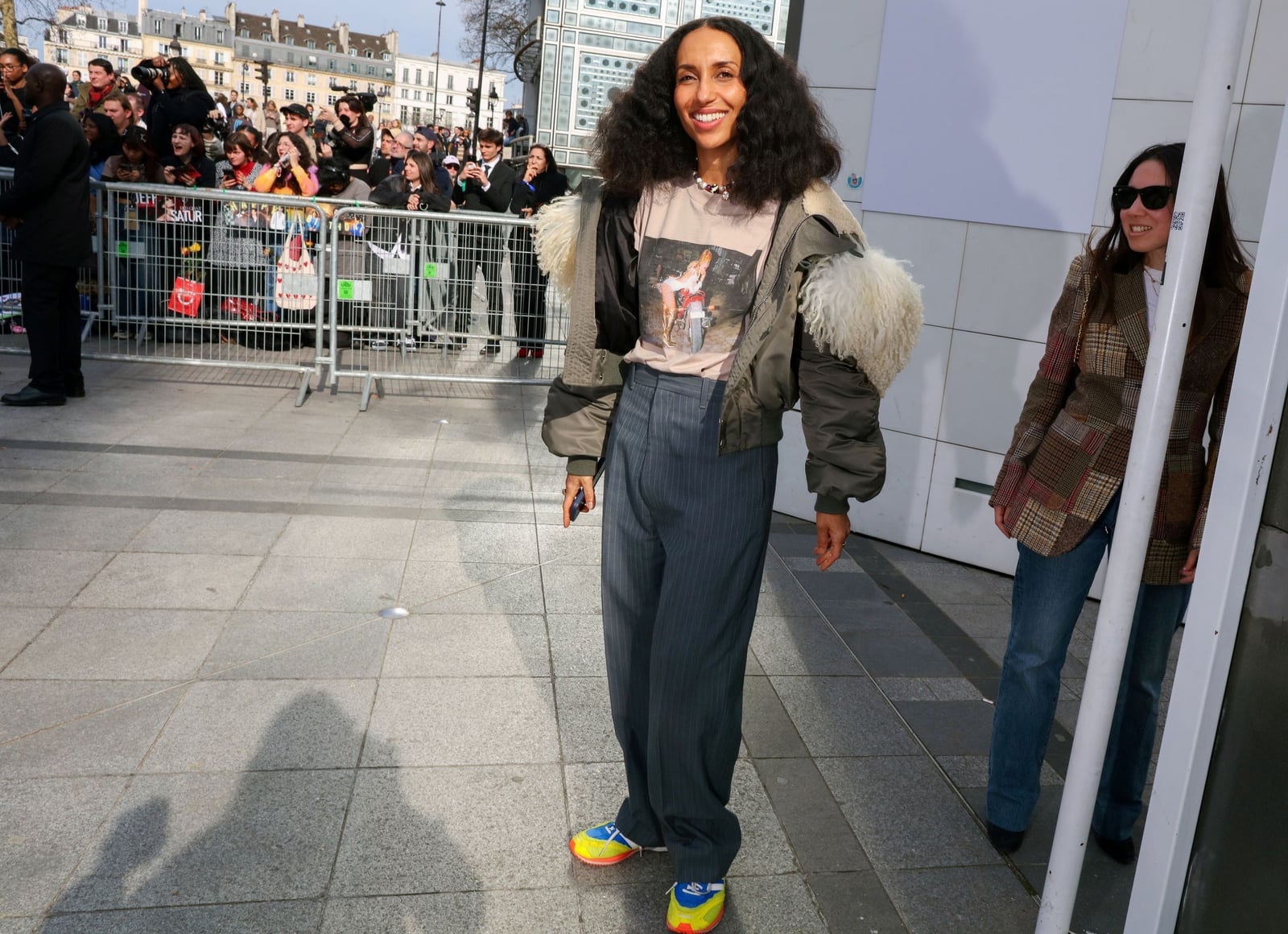 Pinstripe Wide Leg Trousers With Bomber Jacket — Classy Joggers Outfits