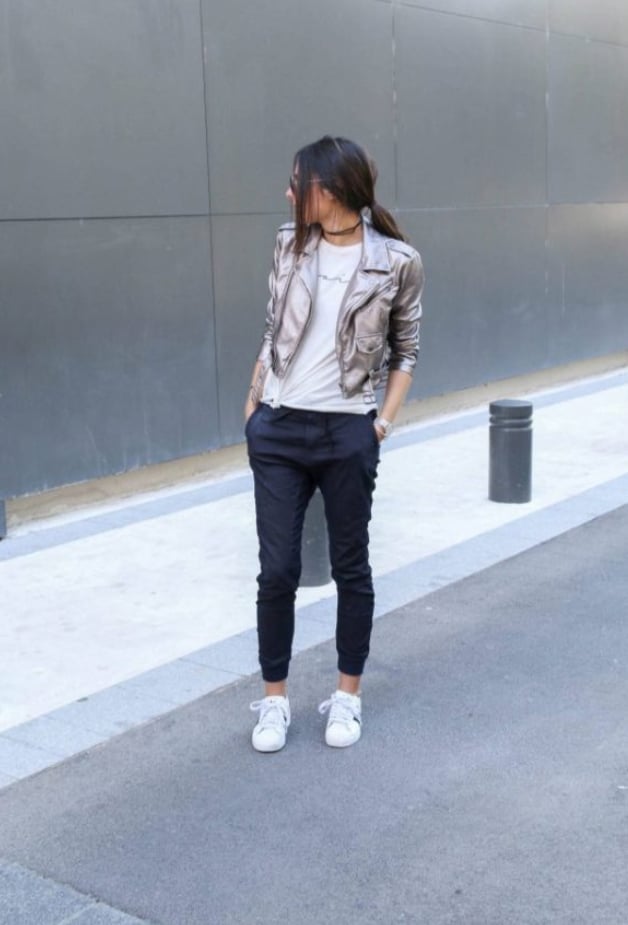 Black Joggers With Metallic Silver Jacket — Classy Joggers Outfits