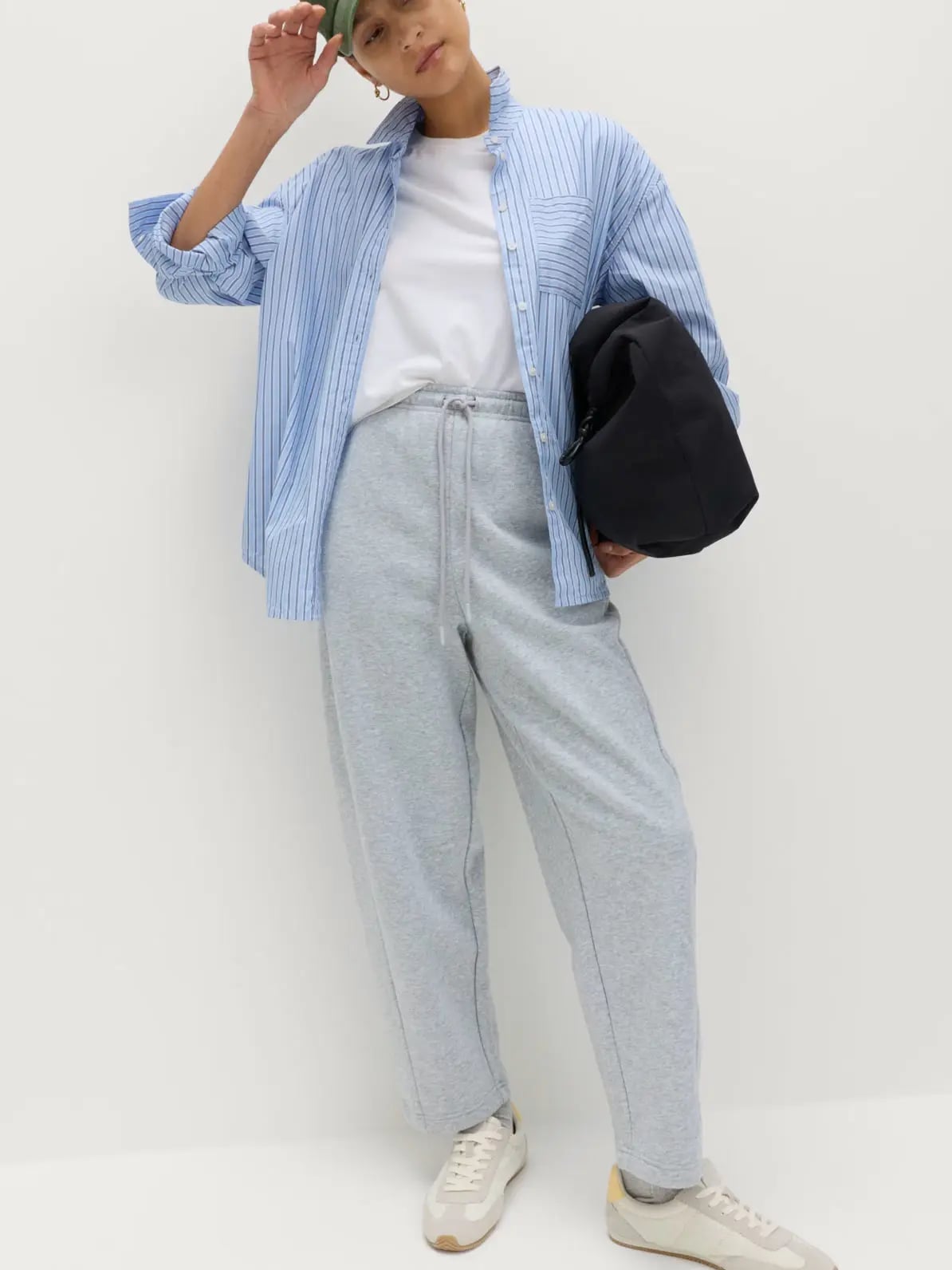 Grey Knit Joggers With Oversized Striped Shirt — Classy Joggers Outfits