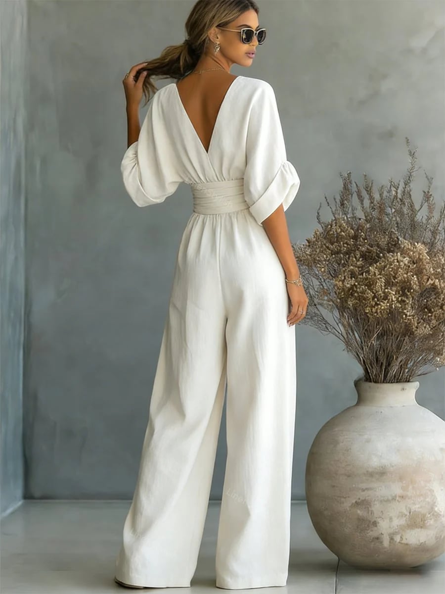 Off-white Linen Jumpsuit with V-Neck and Belt Off-white Linen Jumpsuit with V-Neck and Belt — Classy Jumpsuit Outfits