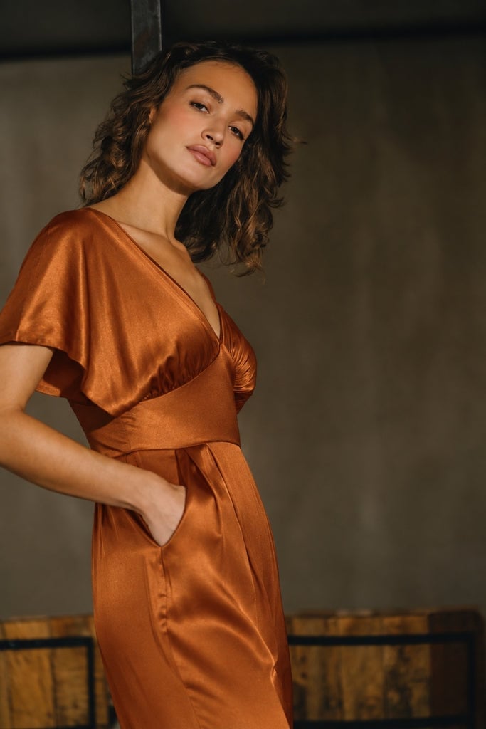 Brown Satin Short Sleeve Belted Jumpsuit Brown Satin Short Sleeve Belted Jumpsuit — Classy Jumpsuit Outfits