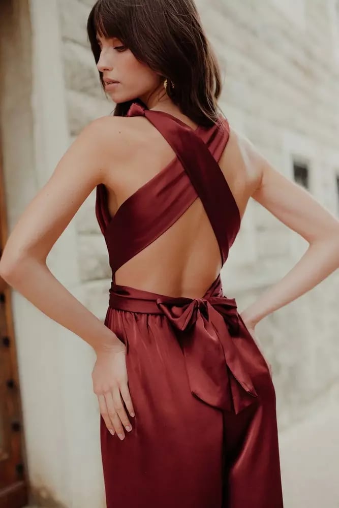 Deep Red Satin Jumpsuit with Open Back Tie Deep Red Satin Jumpsuit with Open Back Tie — Classy Jumpsuit Outfits