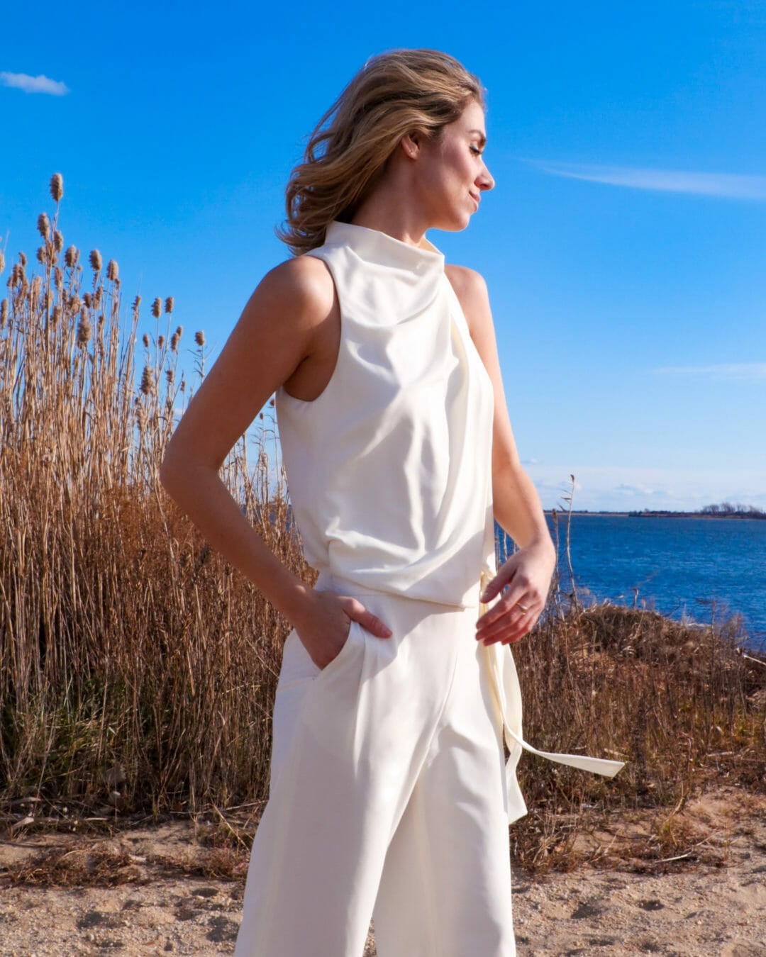 Ivory Jumpsuit with Draped Cowl Neck and Belt Ivory Jumpsuit with Draped Cowl Neck and Belt — Classy Jumpsuit Outfits