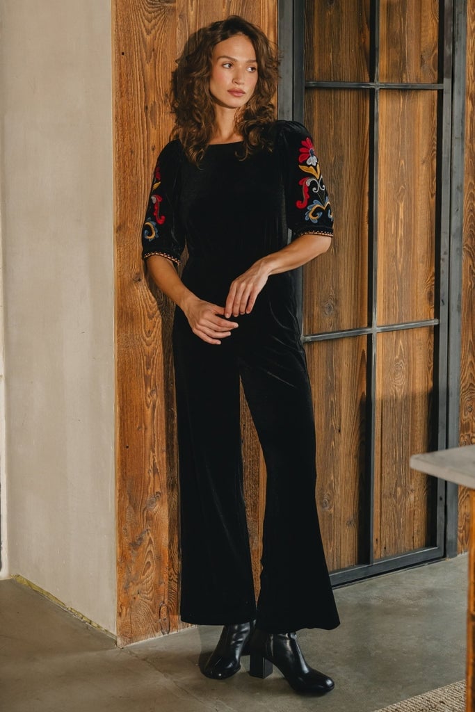 Black Velvet Jumpsuit with Embroidered Puff Sleeves Black Velvet Jumpsuit with Embroidered Puff Sleeves — Classy Jumpsuit Outfits