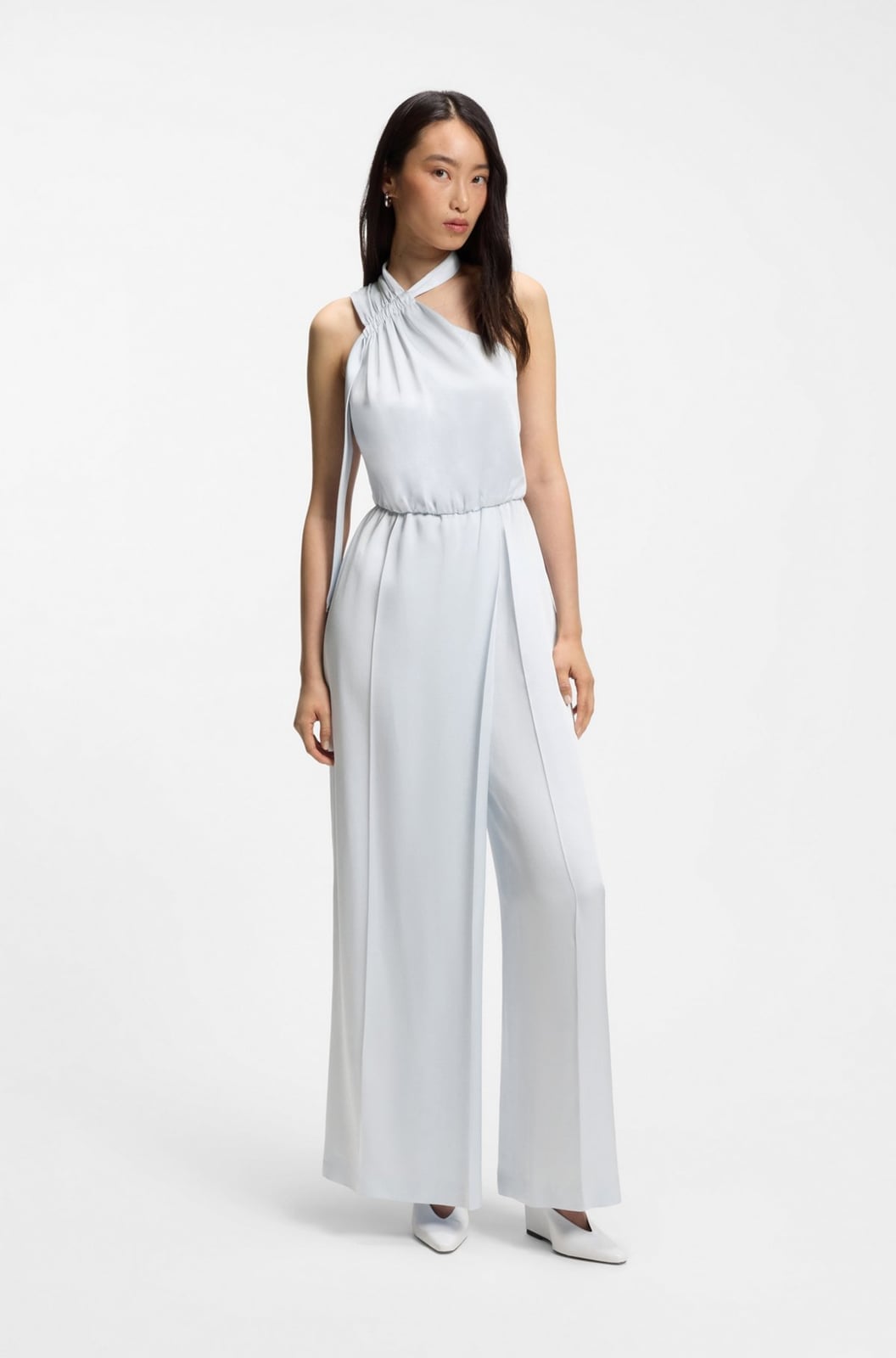 Pale Blue Satin One-Shoulder Jumpsuit with Wrap Detail Pale Blue Satin One-Shoulder Jumpsuit with Wrap Detail — Classy Jumpsuit Outfits