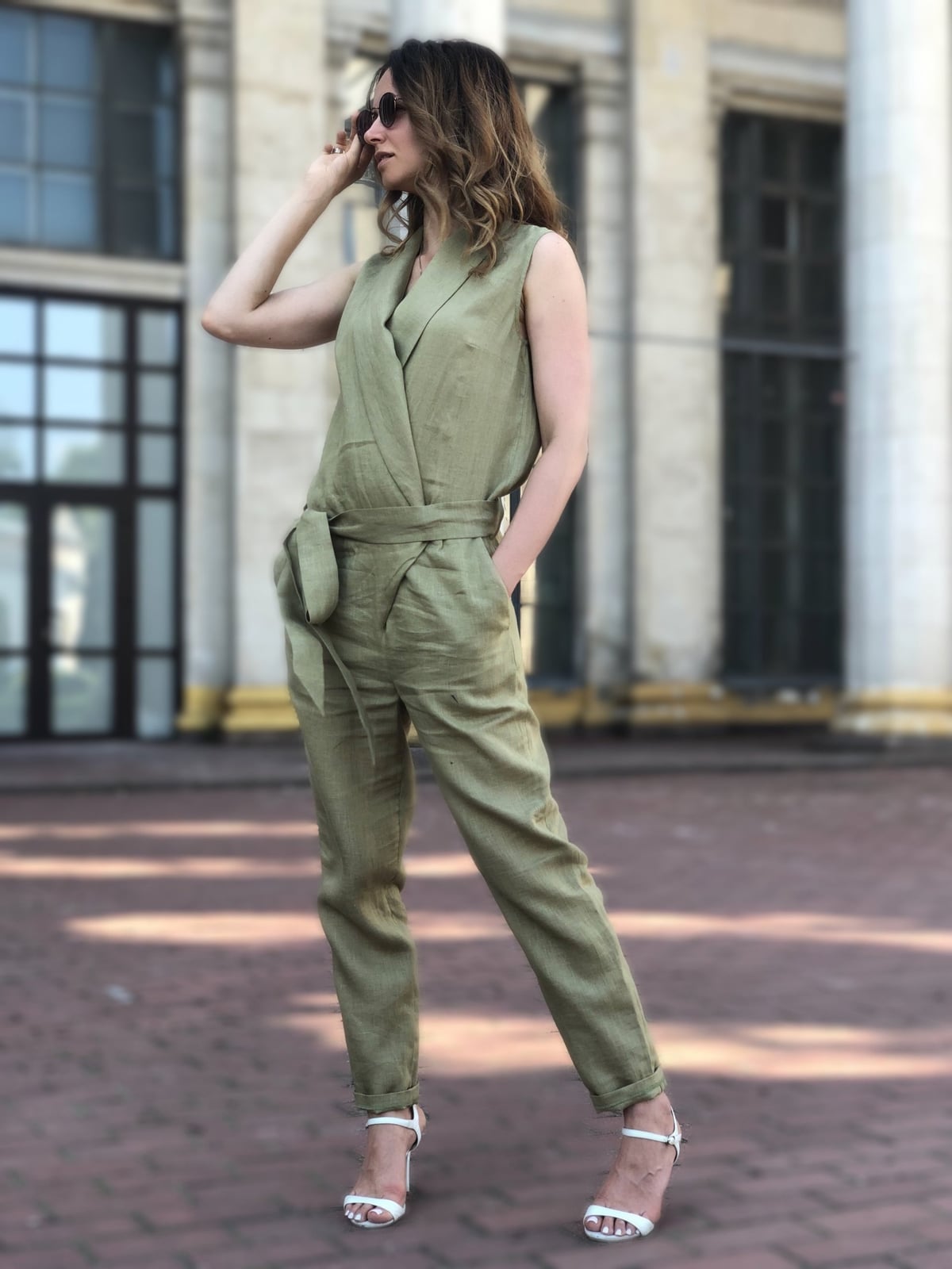 Olive Green Linen Wrap Jumpsuit with Straight Leg Olive Green Linen Wrap Jumpsuit with Straight Leg — Classy Jumpsuit Outfits