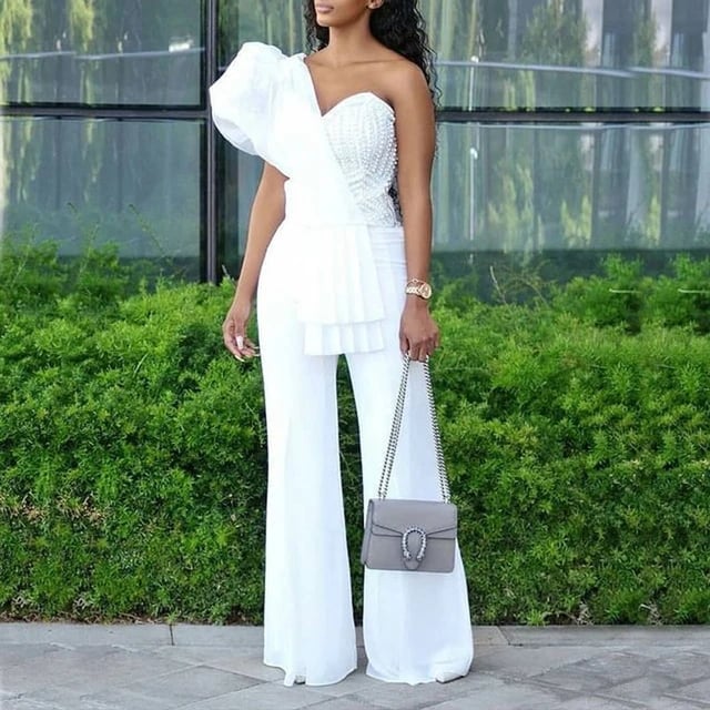 White One-Shoulder Jumpsuit with Ruffled Sleeve White One-Shoulder Jumpsuit with Ruffled Sleeve — Classy Jumpsuit Outfits