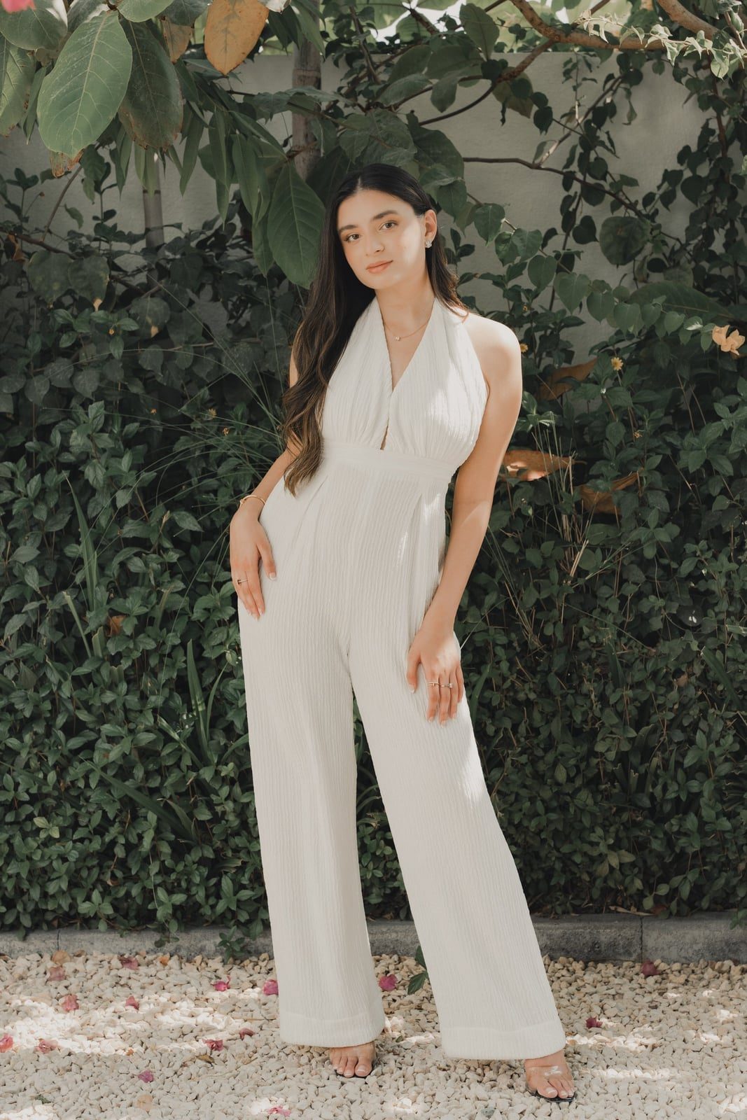 White Textured Crepe Halter Neck Jumpsuit White Textured Crepe Halter Neck Jumpsuit — Classy Jumpsuit Outfits