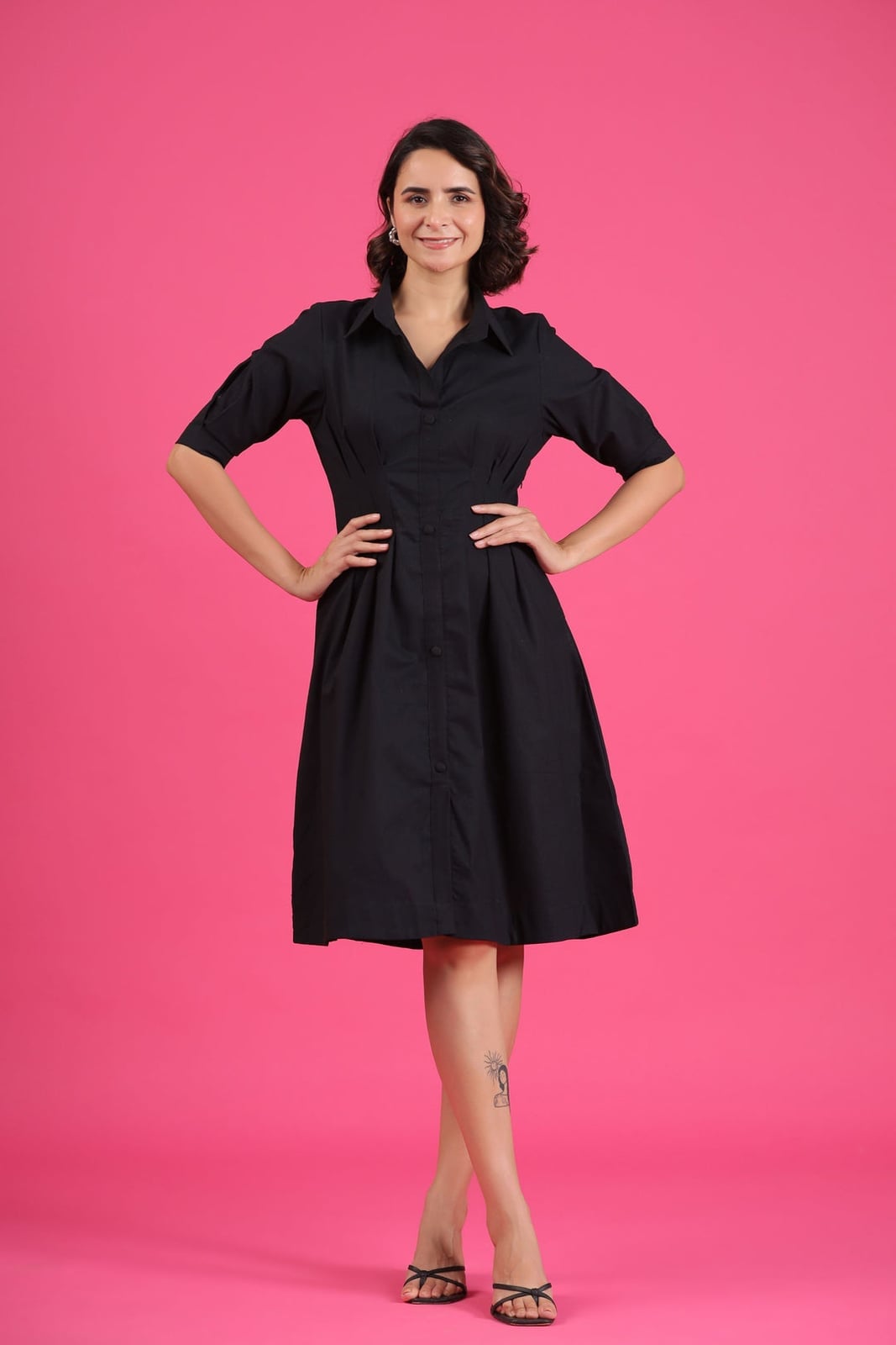 Black Cotton Poplin Shirt Dress — Classy Knee Length Dress