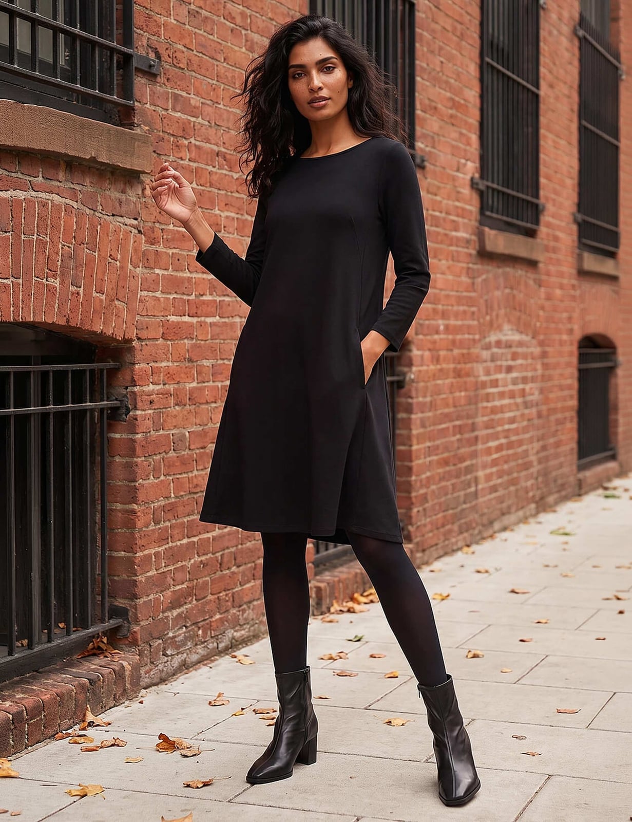 Black Long Sleeve Jersey A-Line Dress — Classy Knee Length Dress