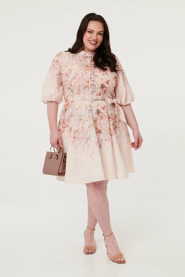 Floral Print A-Line Dress with Puff Sleeves — Classy Knee Length Dress