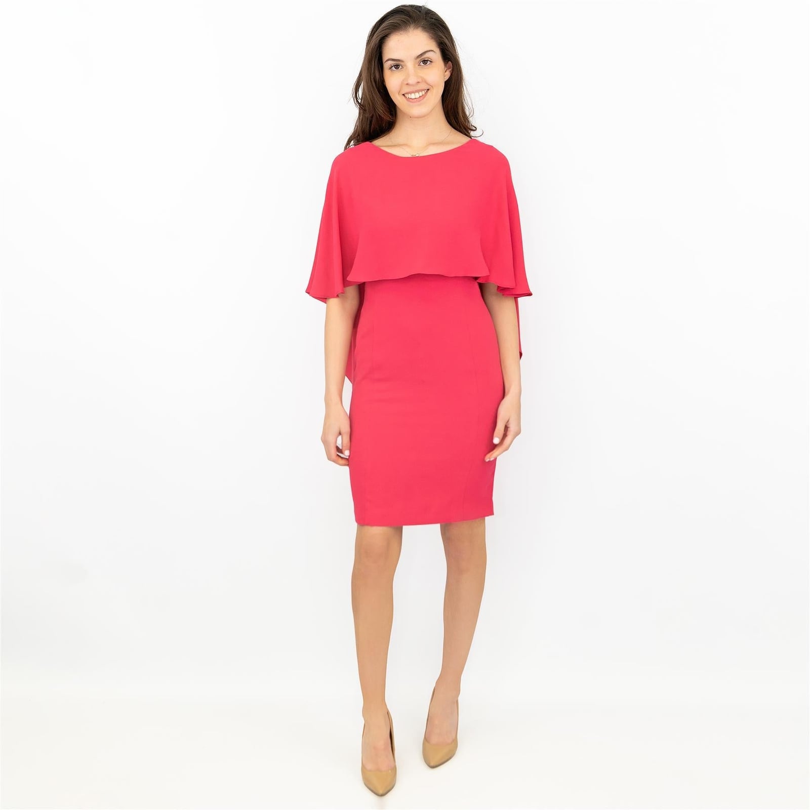 Bright Pink Shift Dress with Cape Overlay — Classy Knee Length Dress
