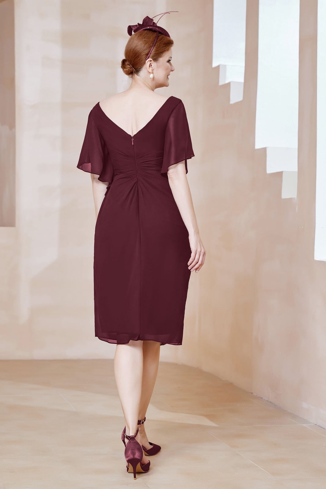 Burgundy Fit and Flare Dress with Flutter Sleeves — Classy Knee Length Dress