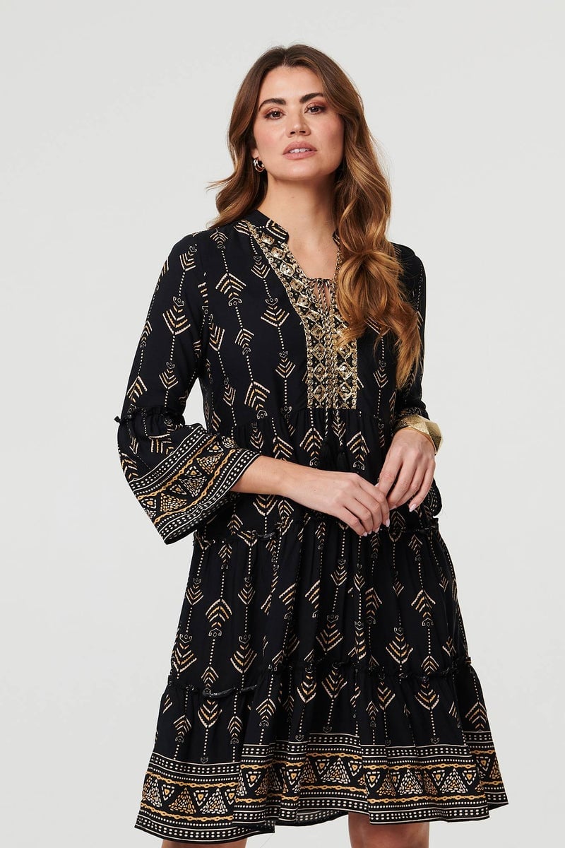 Black Dress with Gold Geometric Print — Classy Knee Length Dress
