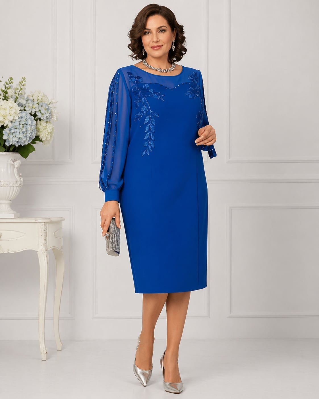 Royal Blue Sheath Dress with Embellished Sleeves — Classy Knee Length Dress