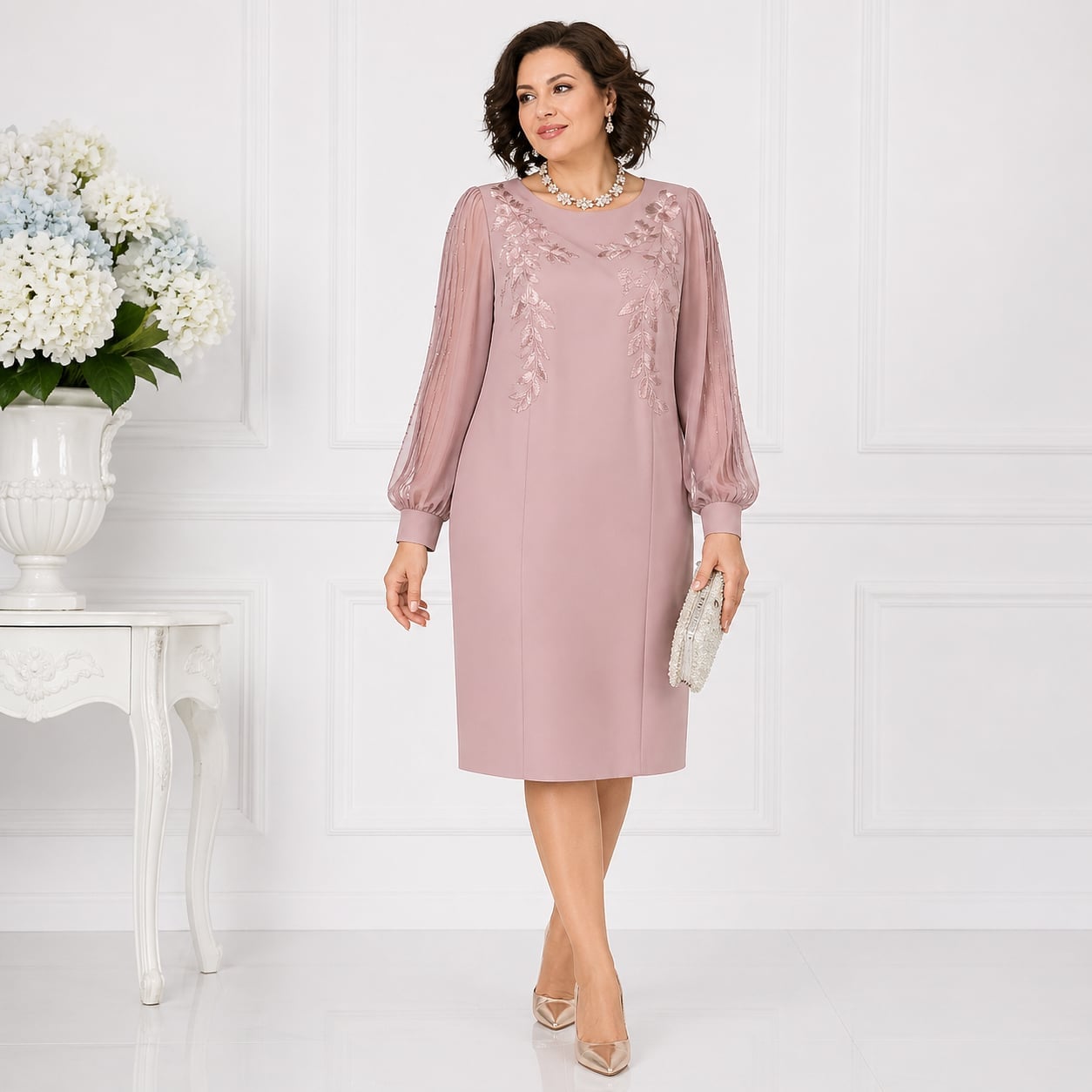 Dusty Rose Sheath Dress with Embroidered Sleeves — Classy Knee Length Dress